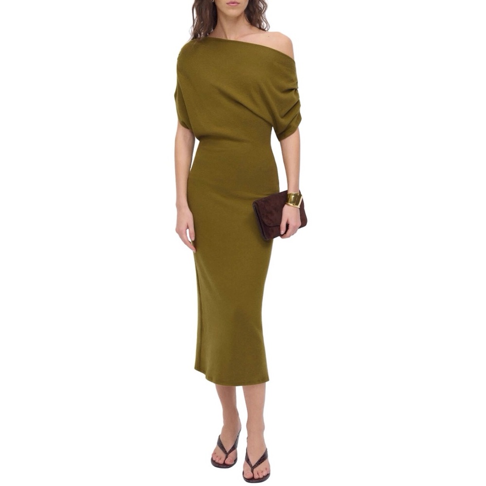 Reformation Soft Knit Off Shoulder Green Midi Dress Size Medium